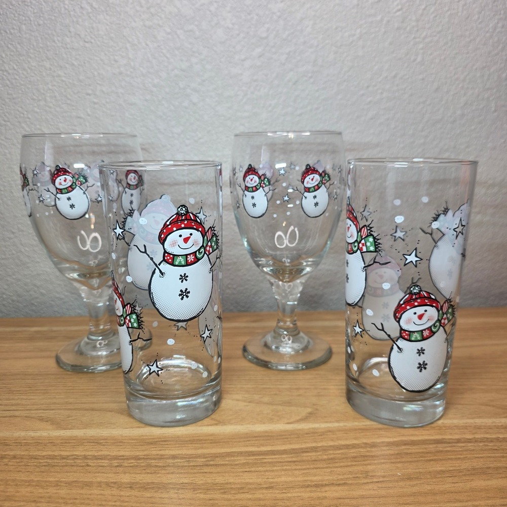 Vintage Libbey Christmas Snowman 2 Wine Glasses Footed Goblets And 2 Tumblers